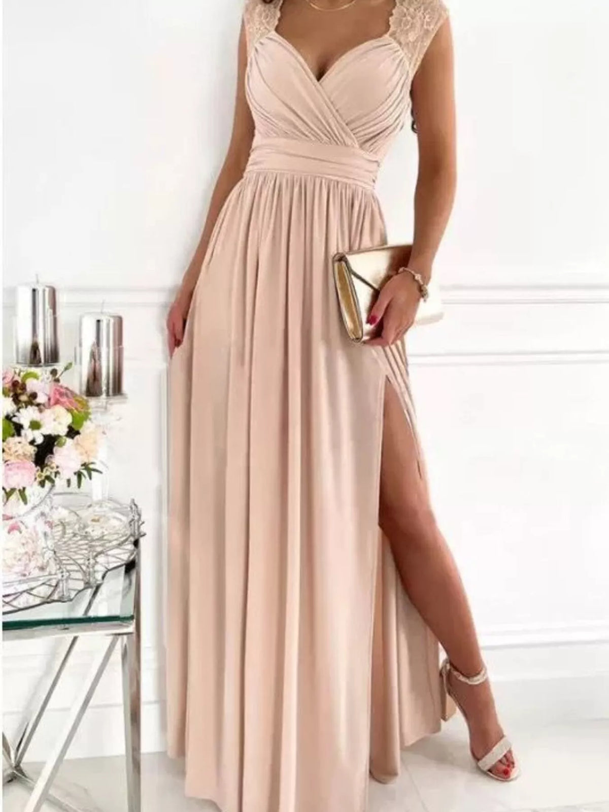 Lace Detail High Slit Maxi Dress