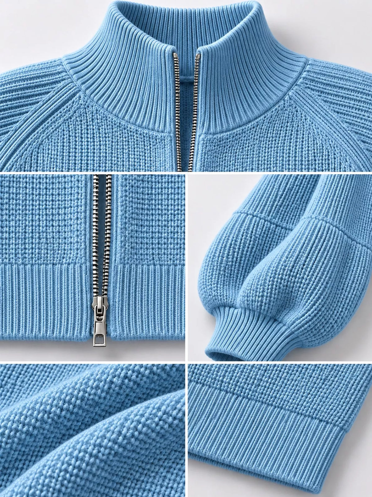 Ribbed Knit Zip-Up Cardigan with Lantern Sleeves