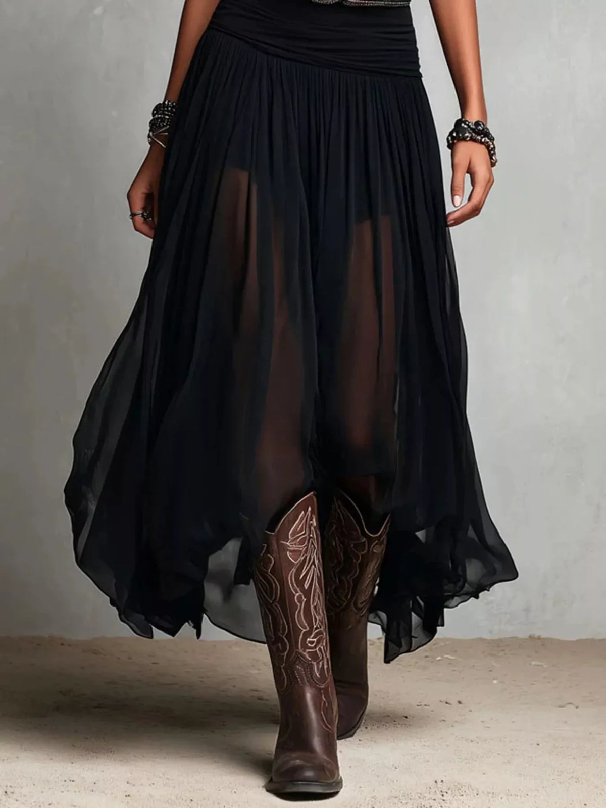 Scoop Neck Sheer Mesh Maxi Dress in Black