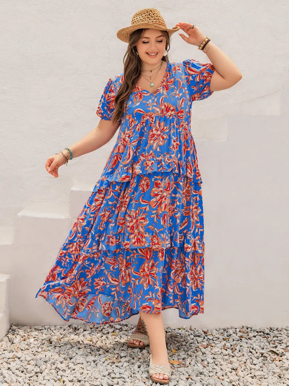Ruffled Print V-Neck Maxi Dress in Blue