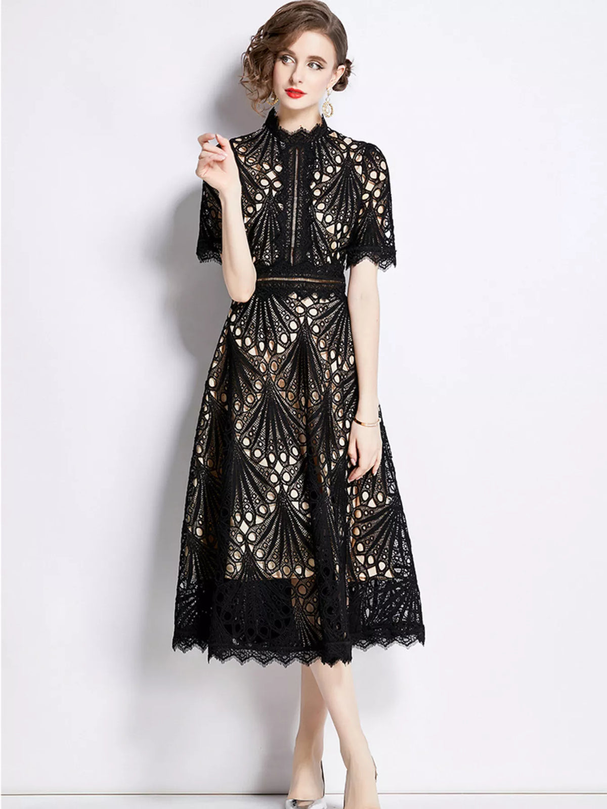 Lace Short Sleeve Midi Dress