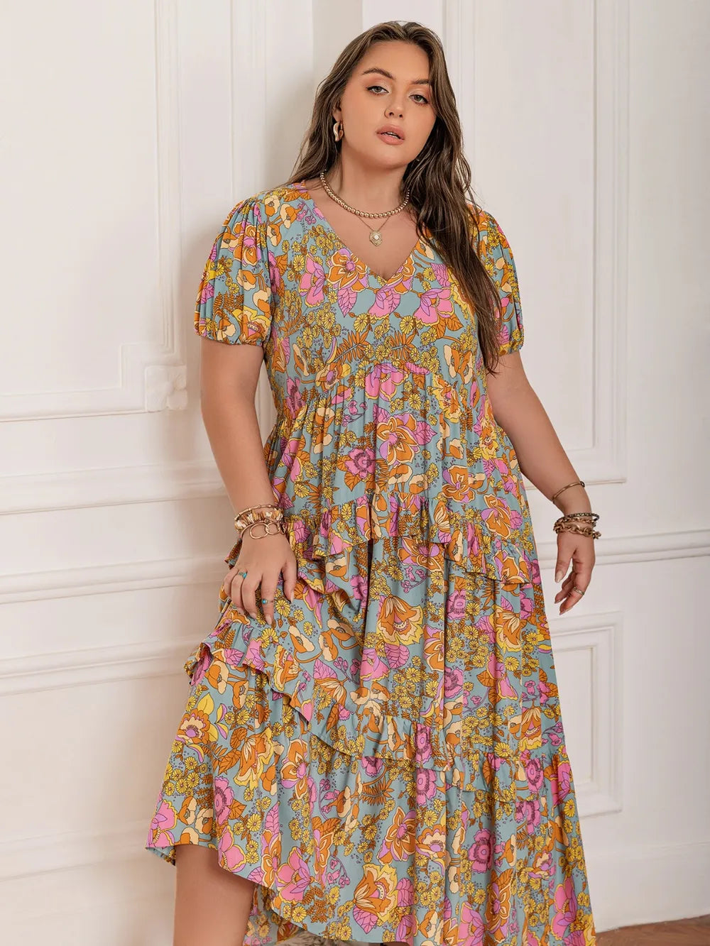 Printed V-Neck Short Sleeve Maxi Dress in Multicolor