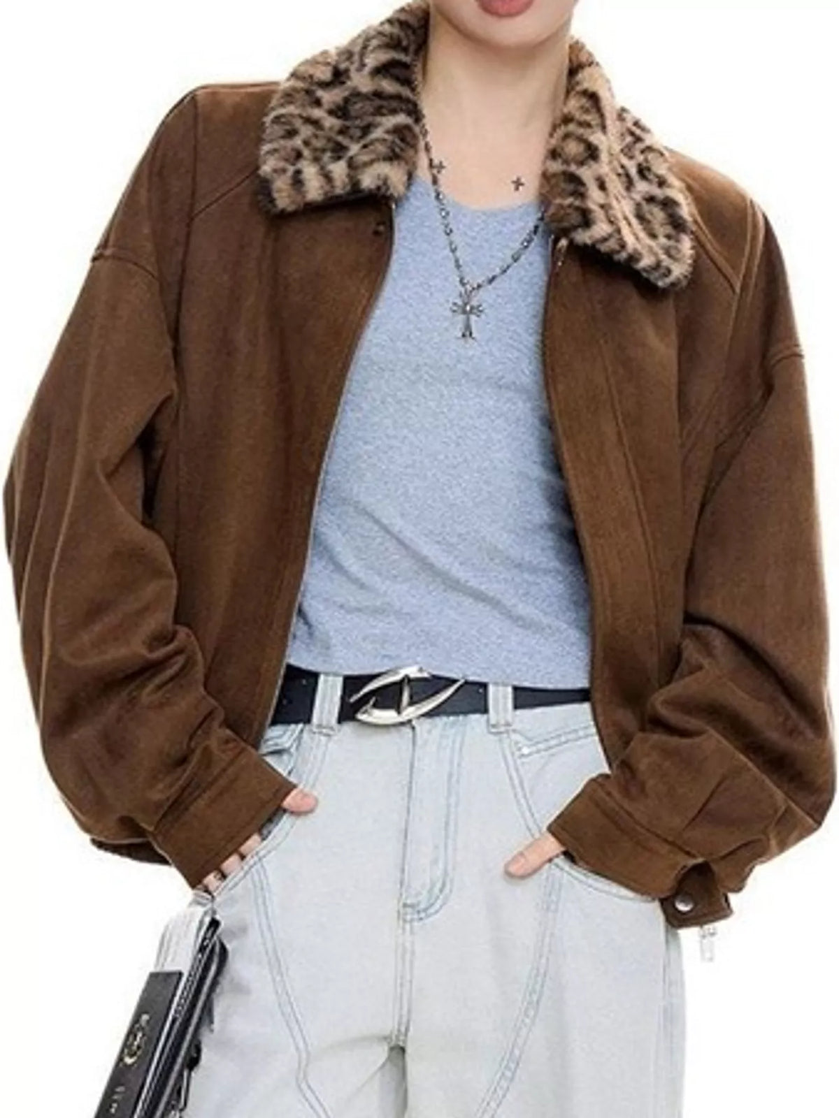 Faux Fur Collar Zip-Up Jacket