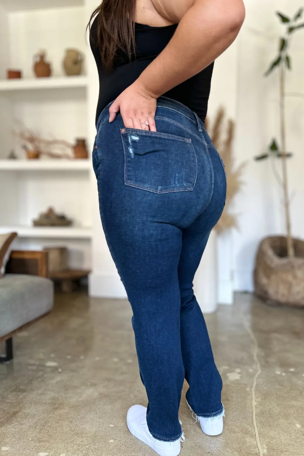 Judy Blue High Waist Heavy Destroy Straight Jeans in Dark