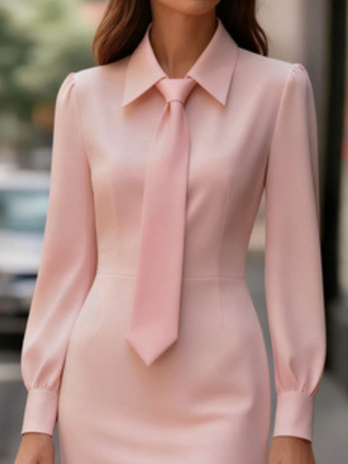Belted Tie-Neck Long Sleeve Dress