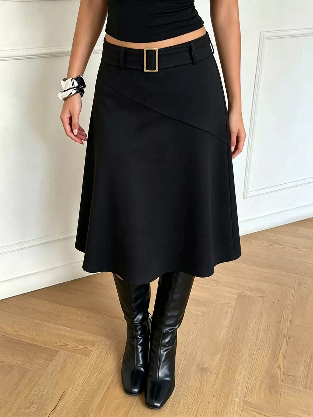 High-Waisted A-Line Midi Skirt in Black
