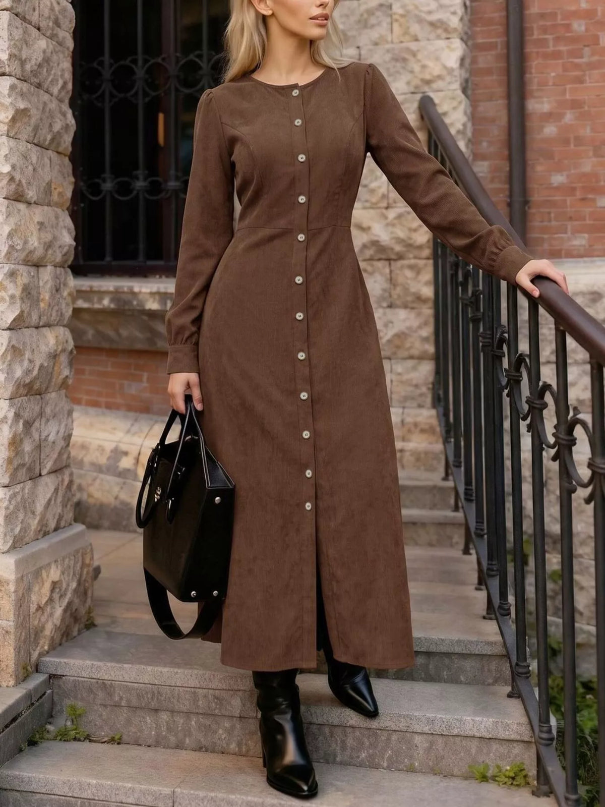Corduroy Button-Down Maxi Dress in Coffee Brown