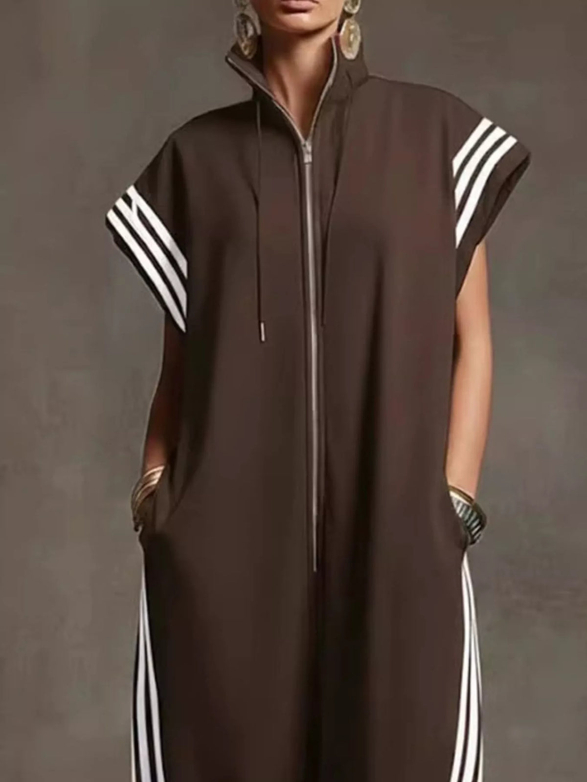 Side Stripe Zip-Front Wide-Leg Jumpsuit