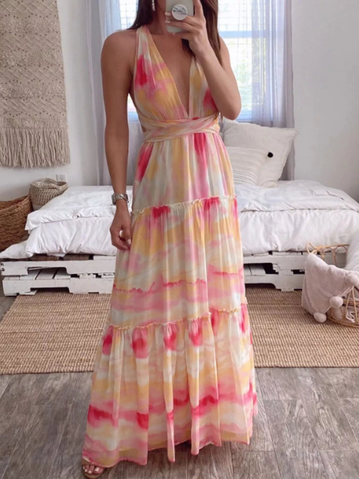 Tie-Dye Tiered Maxi Dress in Pink