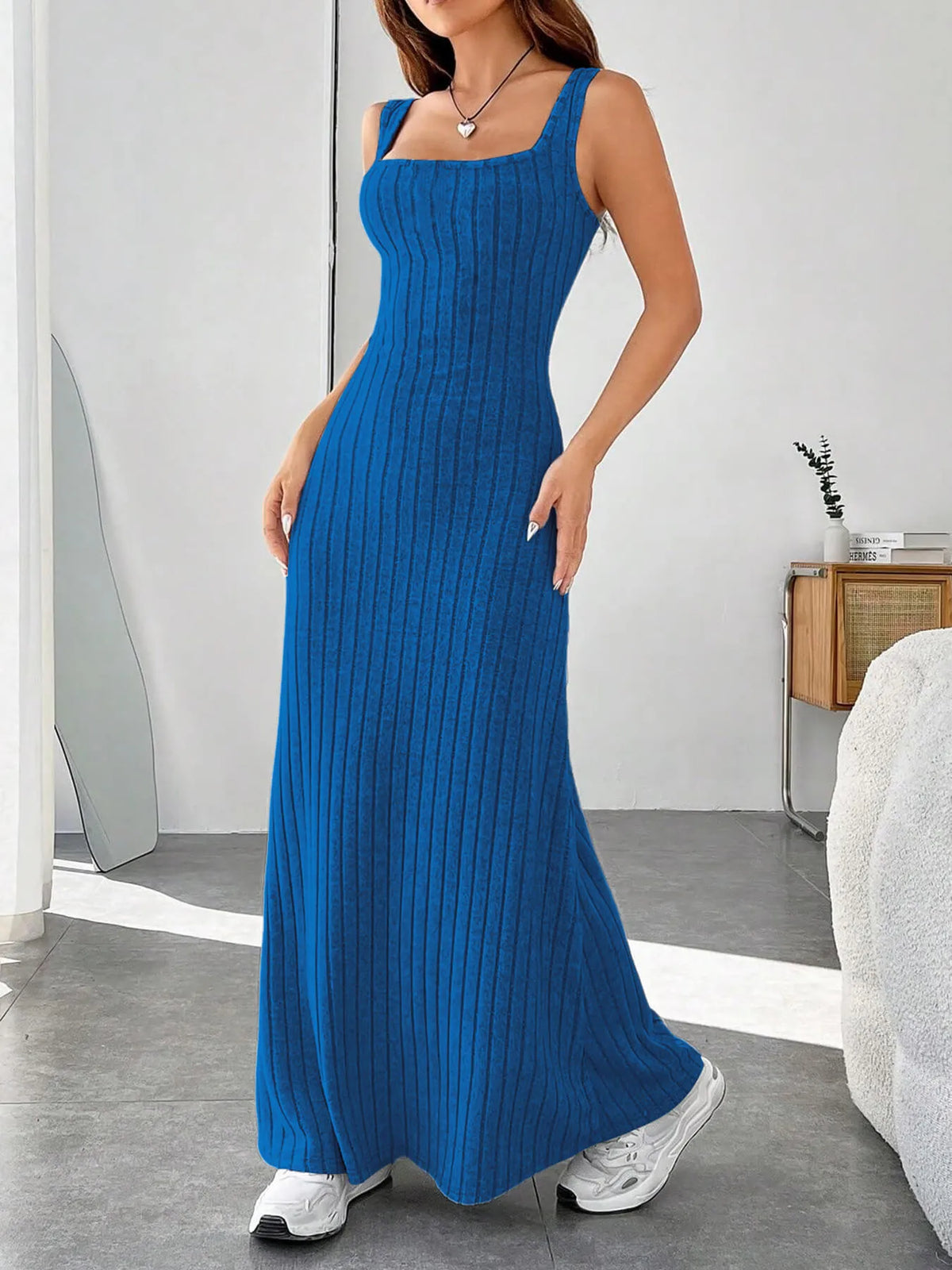 Ribbed Knit Square Neck Maxi Dress