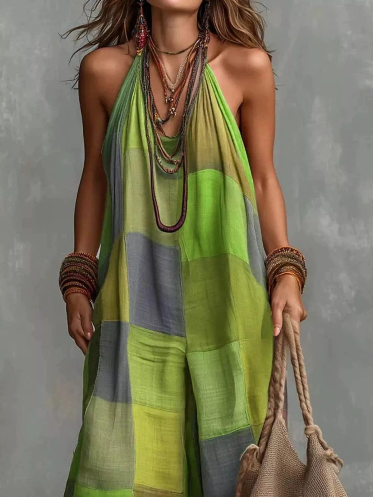 Plaid Halter Wide-Leg Jumpsuit