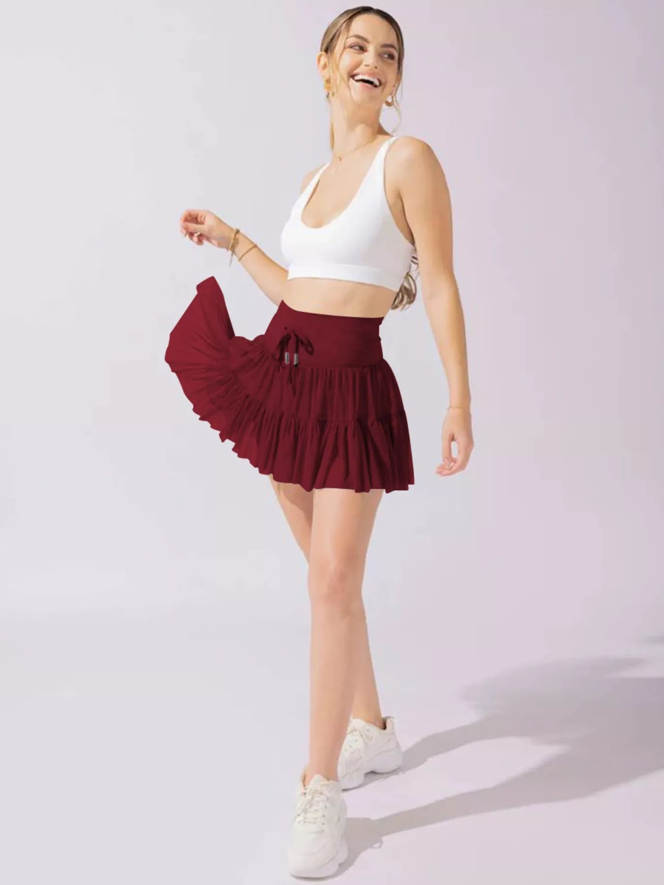 Tiered Drawstring Skort in Dusty Blue
