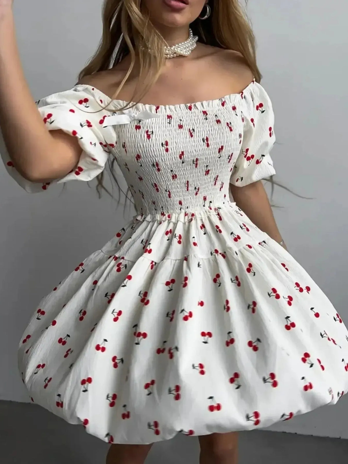 Puff Sleeve Cherry Print Smocked Dress in White