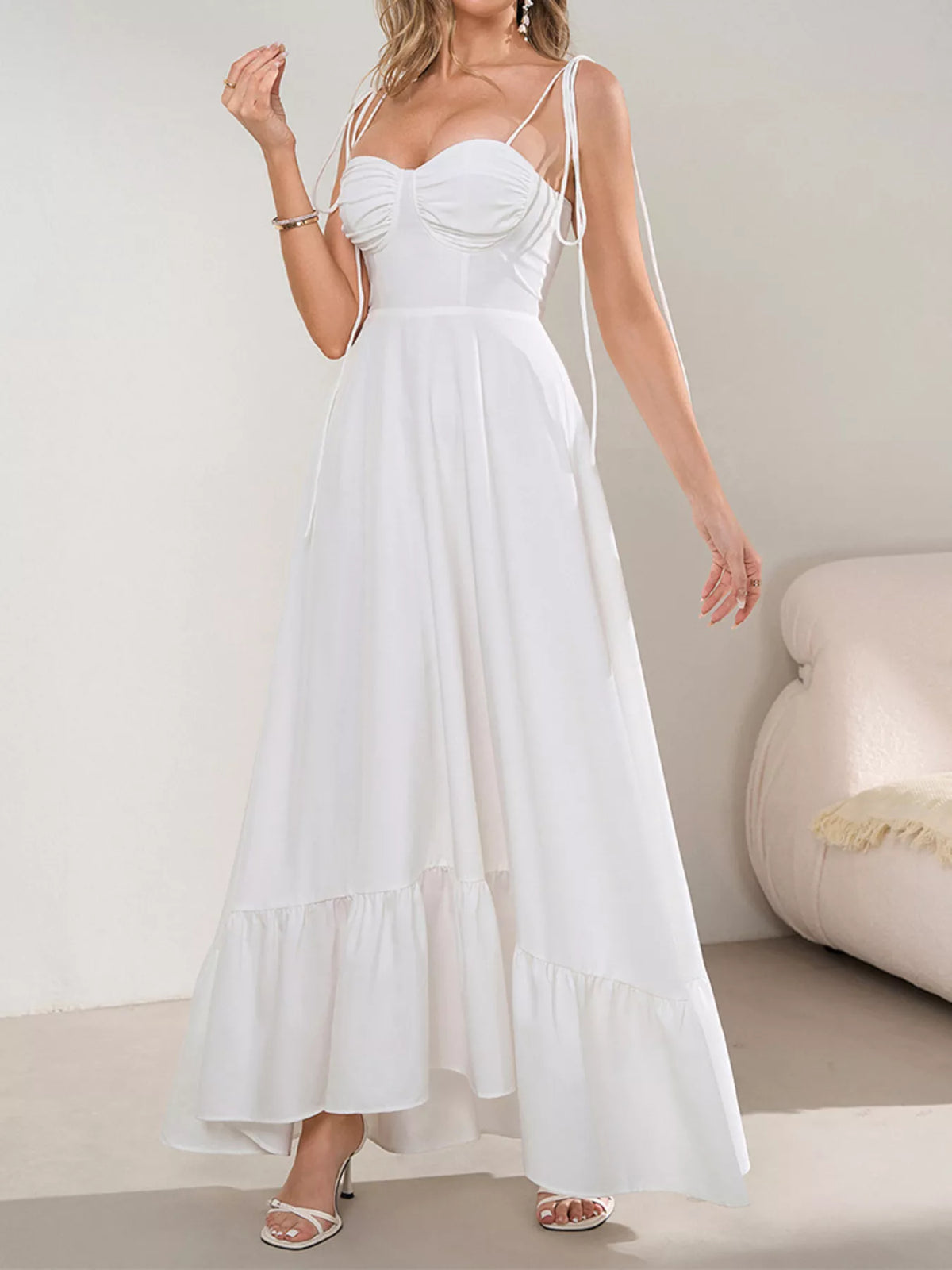 Sweetheart Neck Tie-Strap Ruffle Hem Maxi Dress