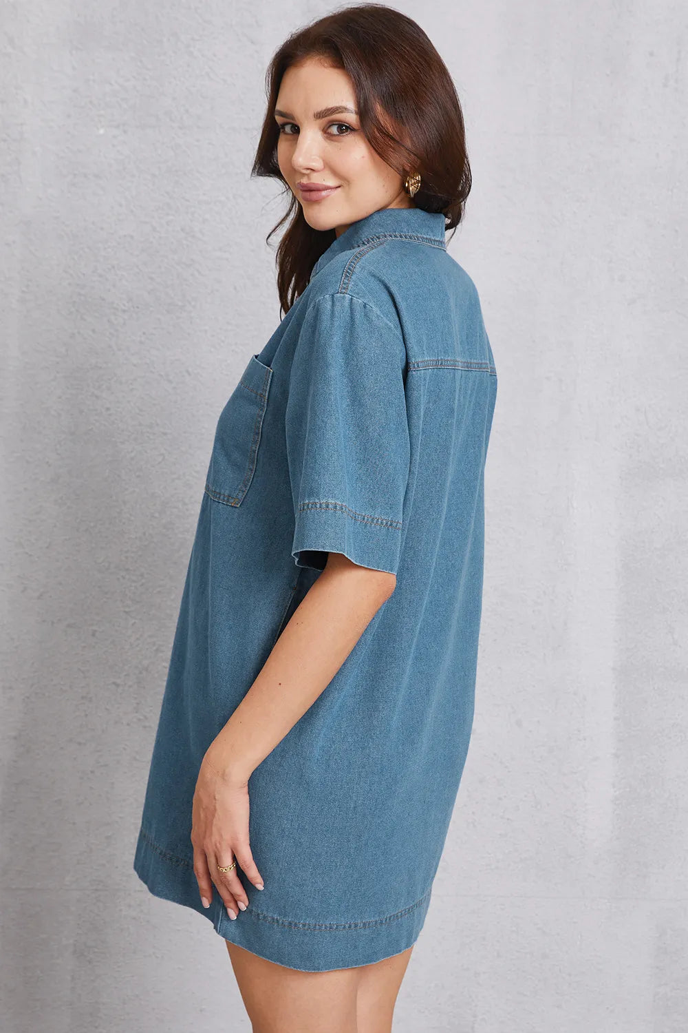 Pocketed Collared Mini Denim Dress in Medium Wash by Y.Y@Denim
