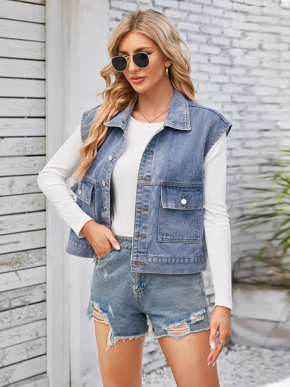 Cap Sleeve Denim Jacket with Pockets by Manny