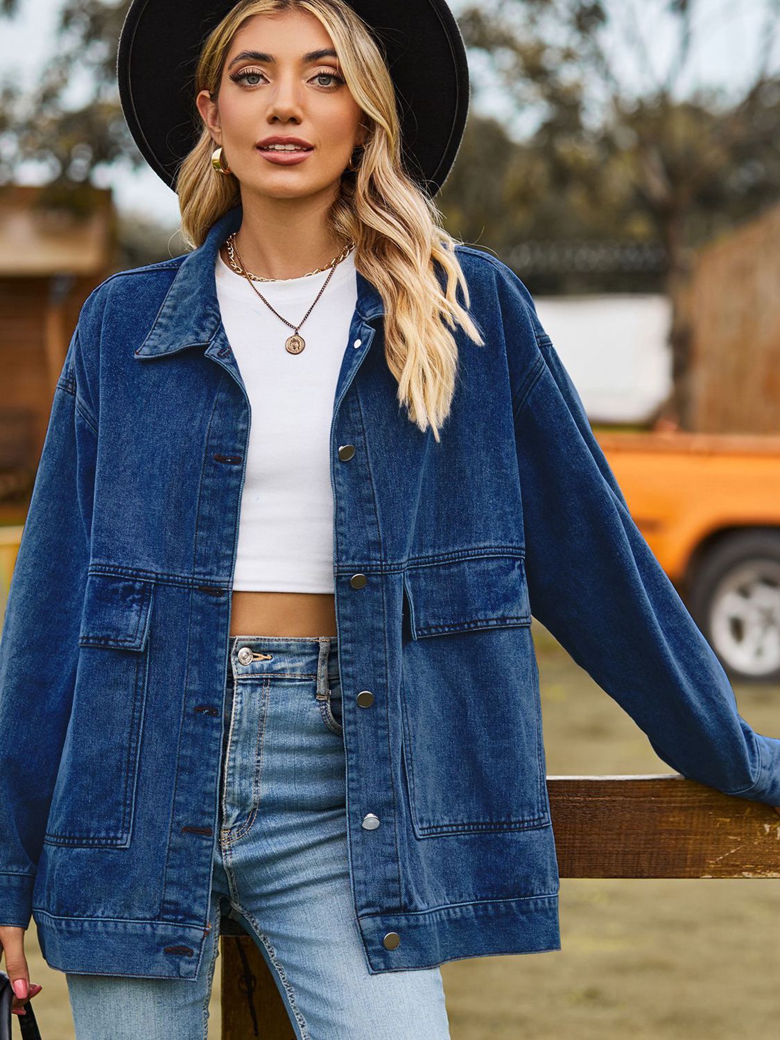 Dropped Shoulder Denim Jacket with Pockets by Manny