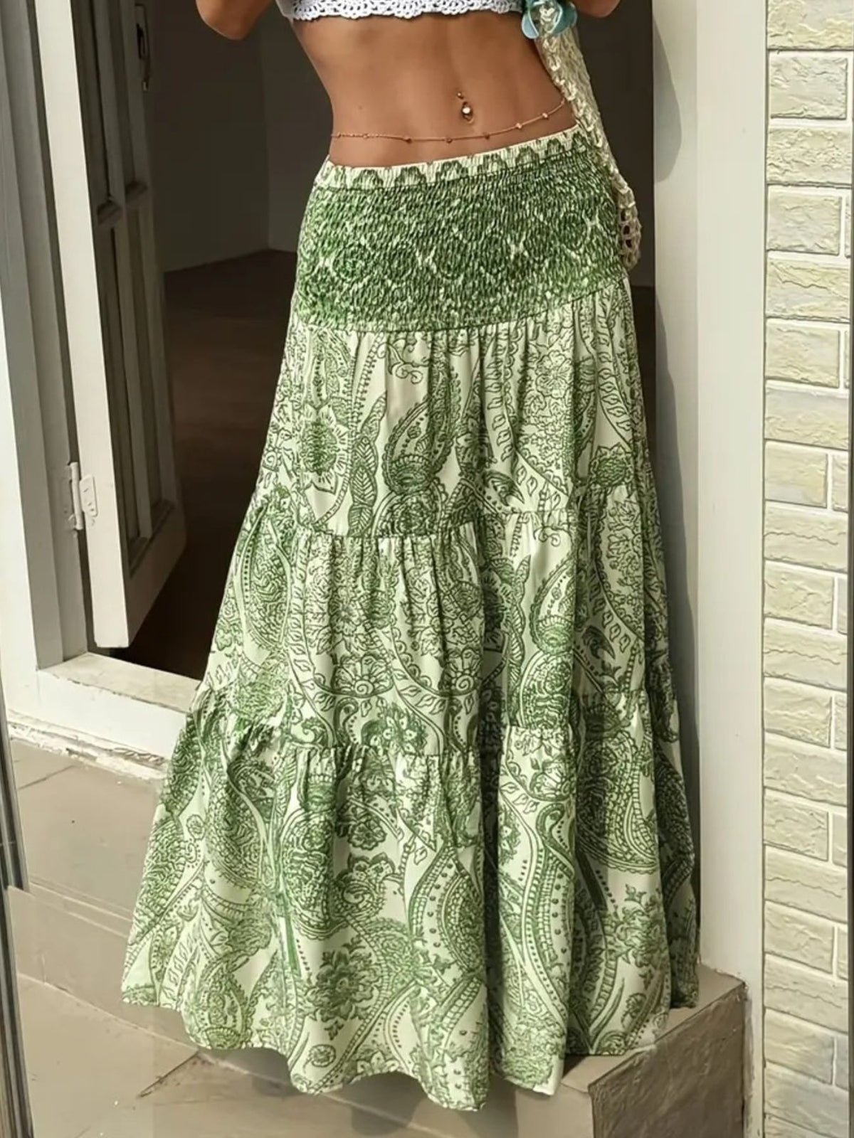 Smocked Paisley Print Maxi Skirt