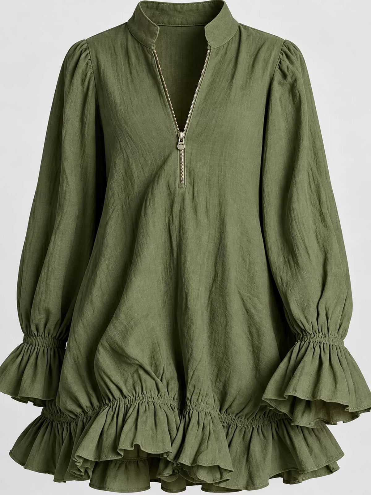 Zipper-Front Ruffle Hem Mini Dress