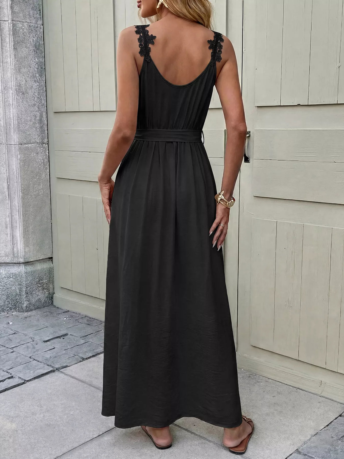 Lace Trim Slit Maxi Dress in Black
