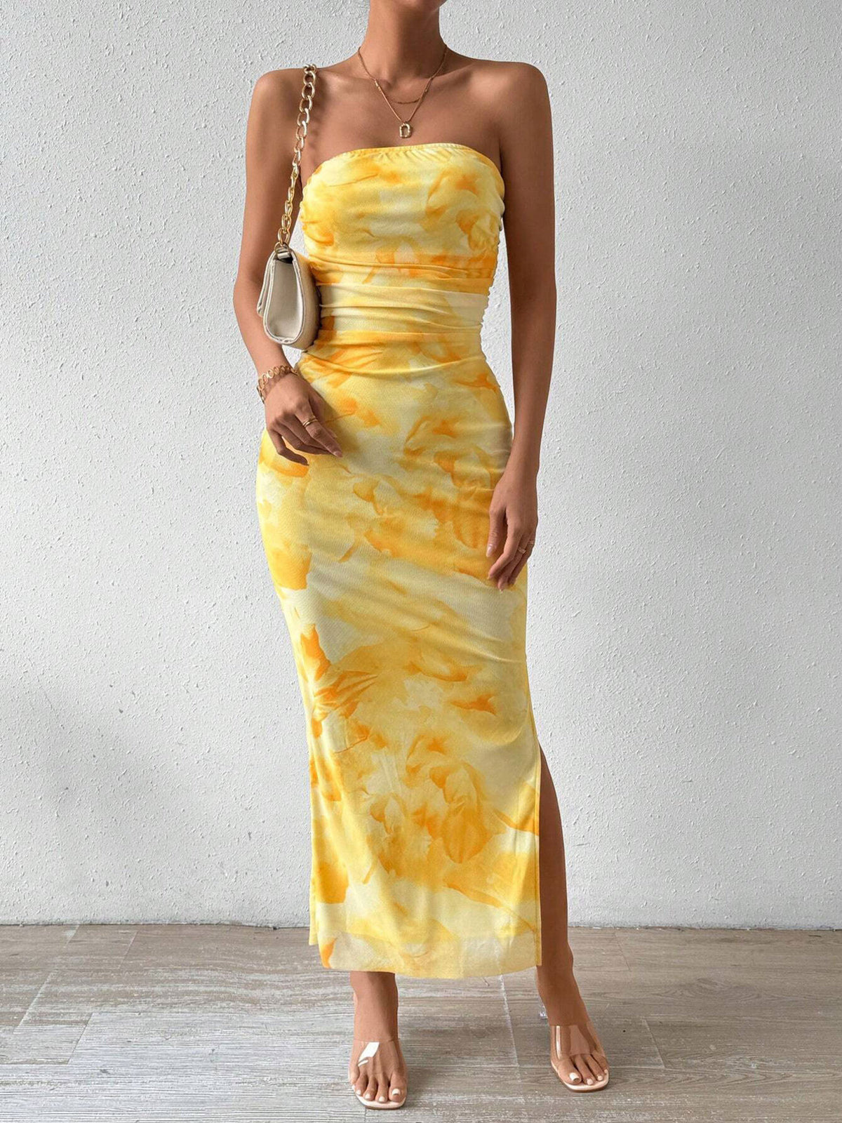 Ruched Strapless Bodycon Midi Dress in Yellow