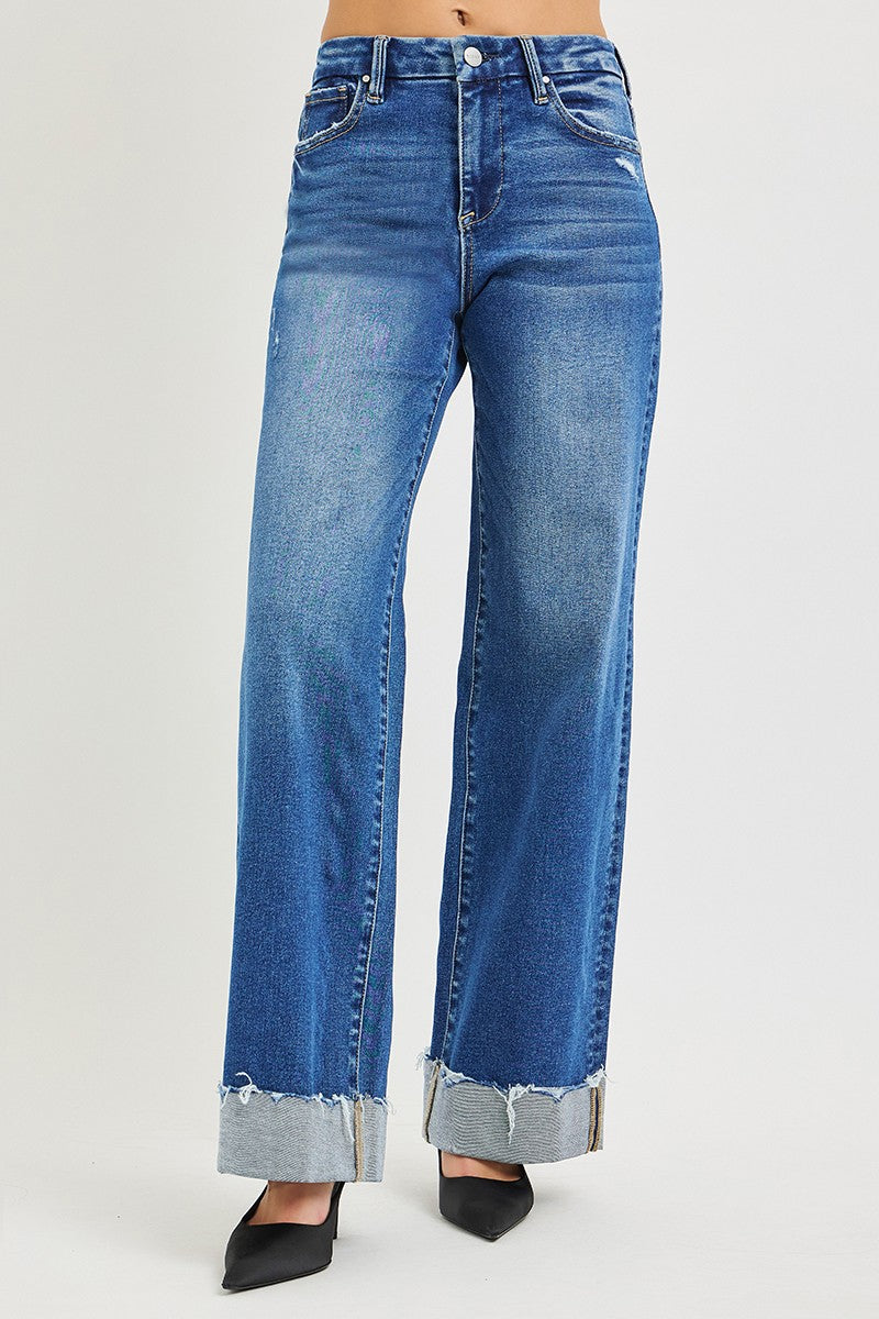 Risen High Rise Wide Leg Cuffed Jeans in Medium Wash