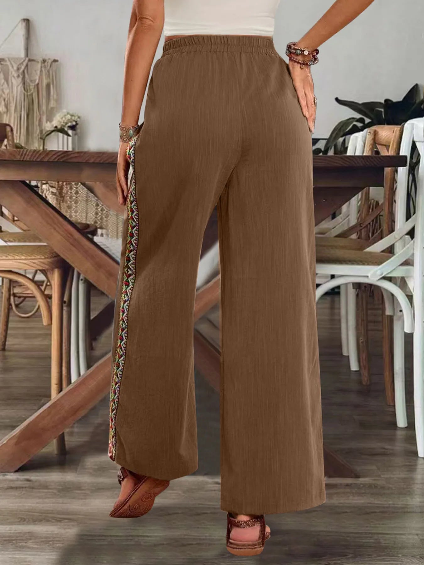 Embroidered Side-Stripe Wide-Leg Pants