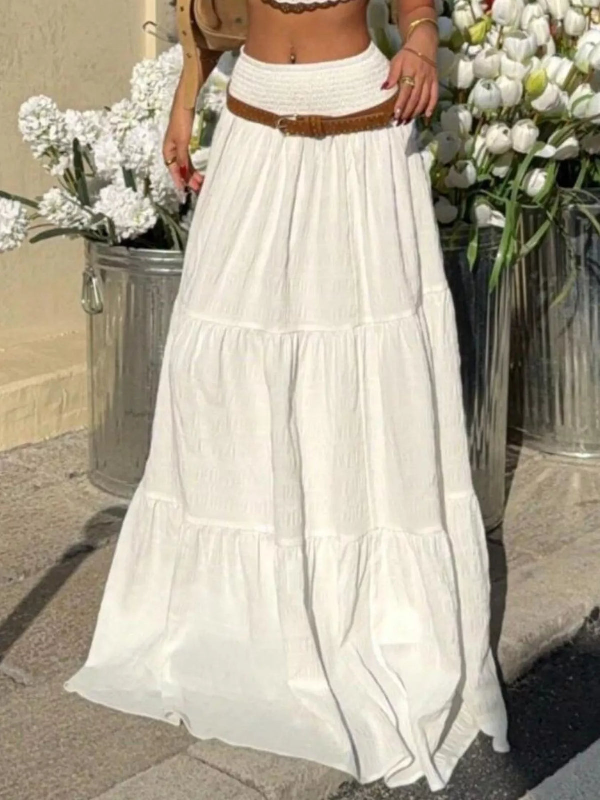 Smocked Tiered Maxi Skirt in White
