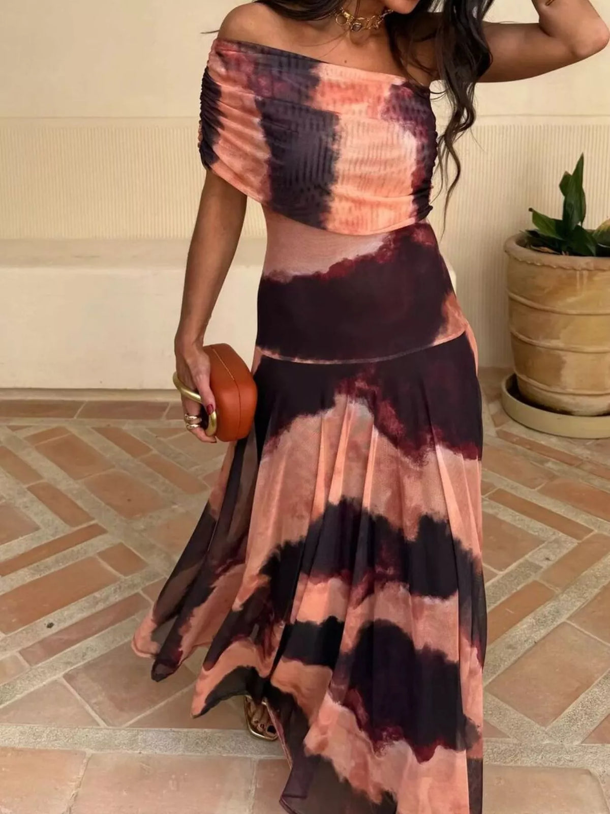 Printed Short-Sleeve Mesh Maxi Dress