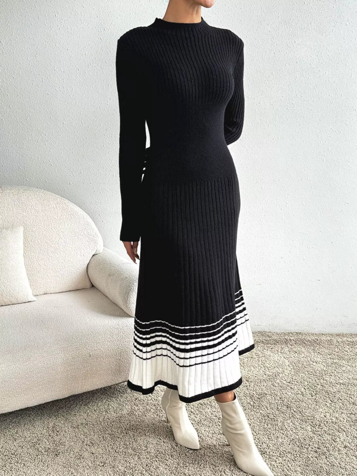 Ribbed Sweater Dress with Striped Hem in Black