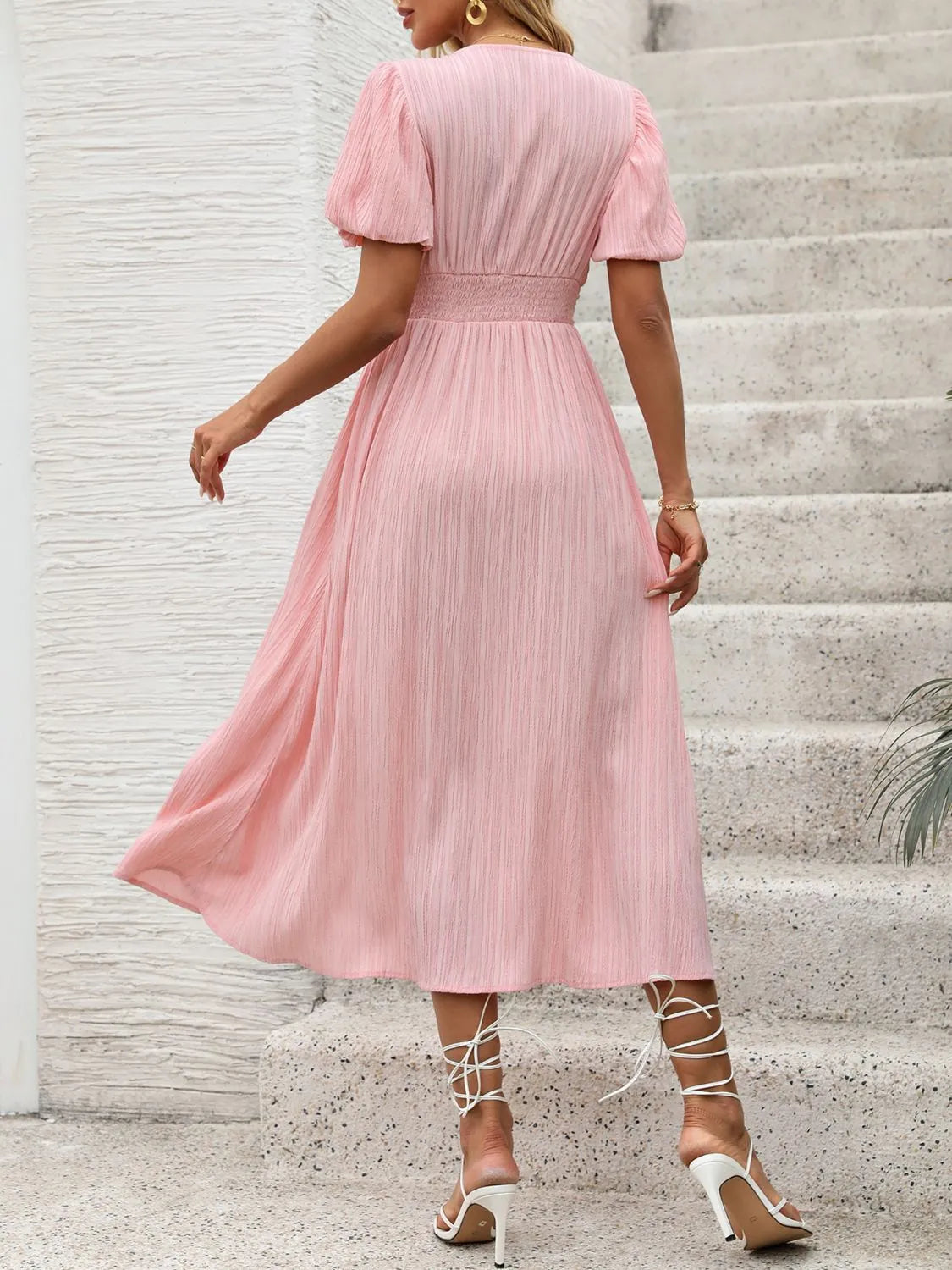 V-Neck Puff Sleeve Dress in Blush Pink