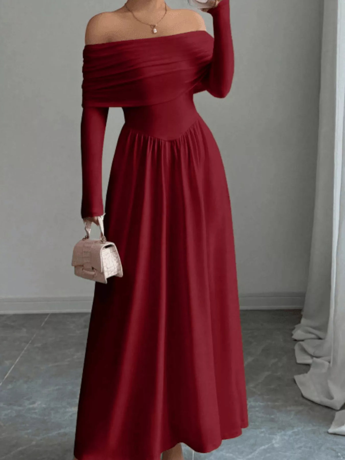 Off-Shoulder Long Sleeve Maxi Dress in Red