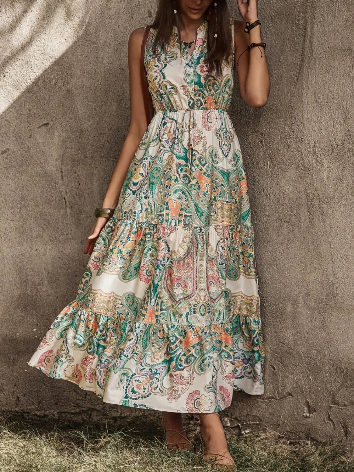 Printed Notched Sleeveless Dress in Cream by Macido