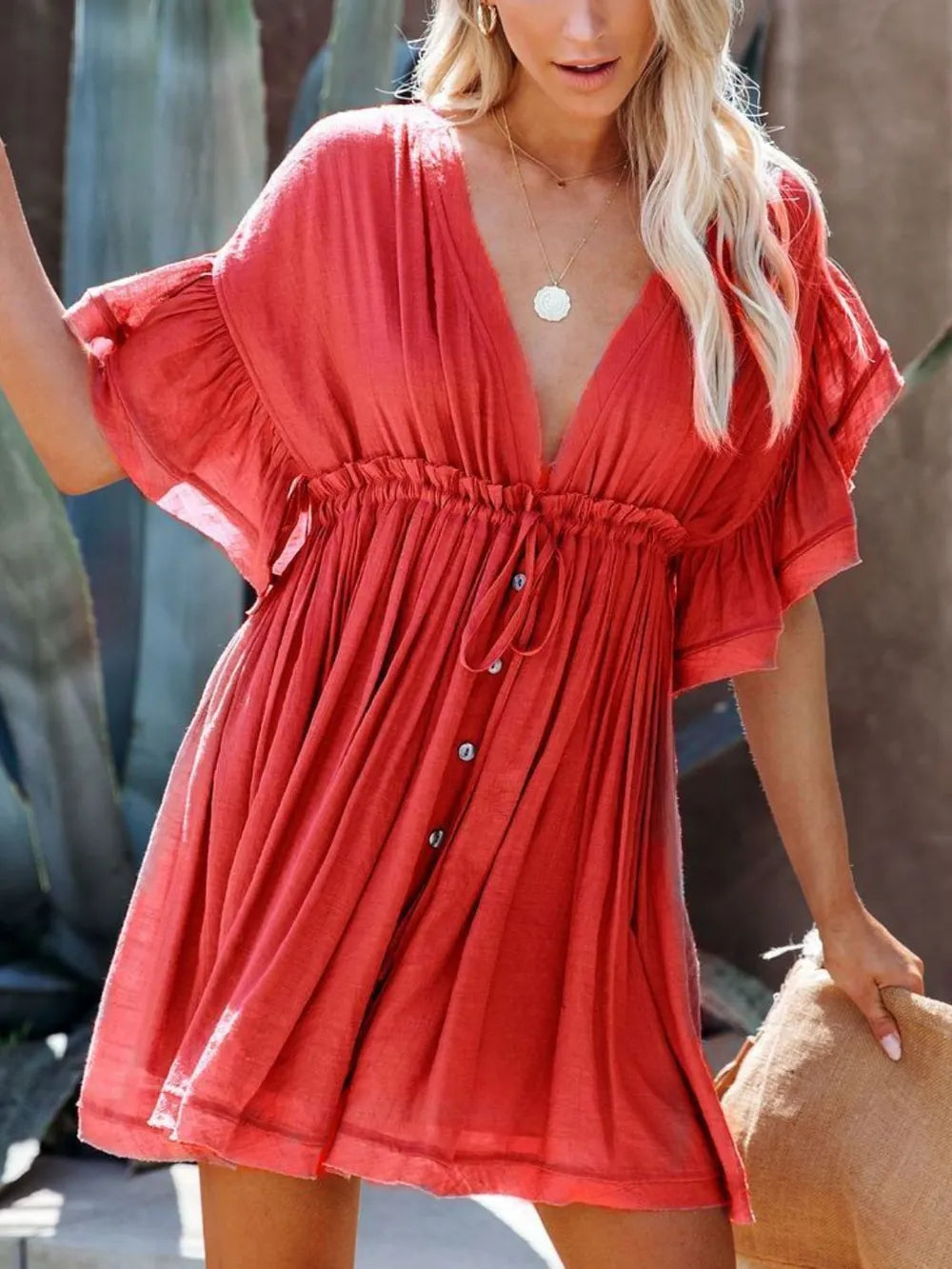 Drawstring Ruffled Mini Dress