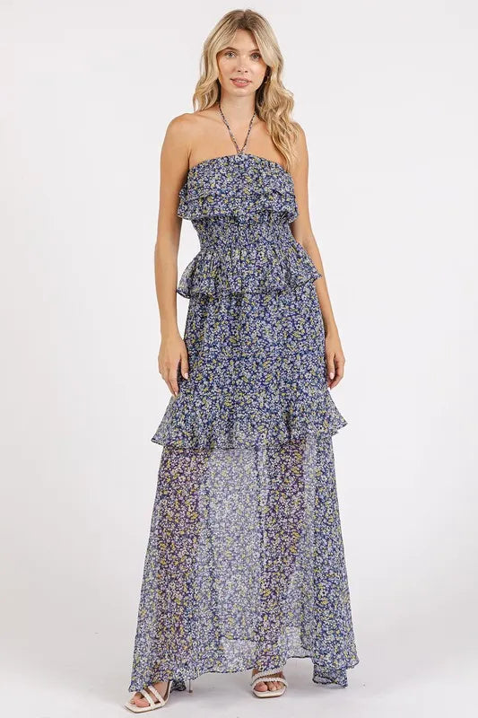 Ruffled Smocked Halter Maxi Dress in Dark Navy by Mittoshop