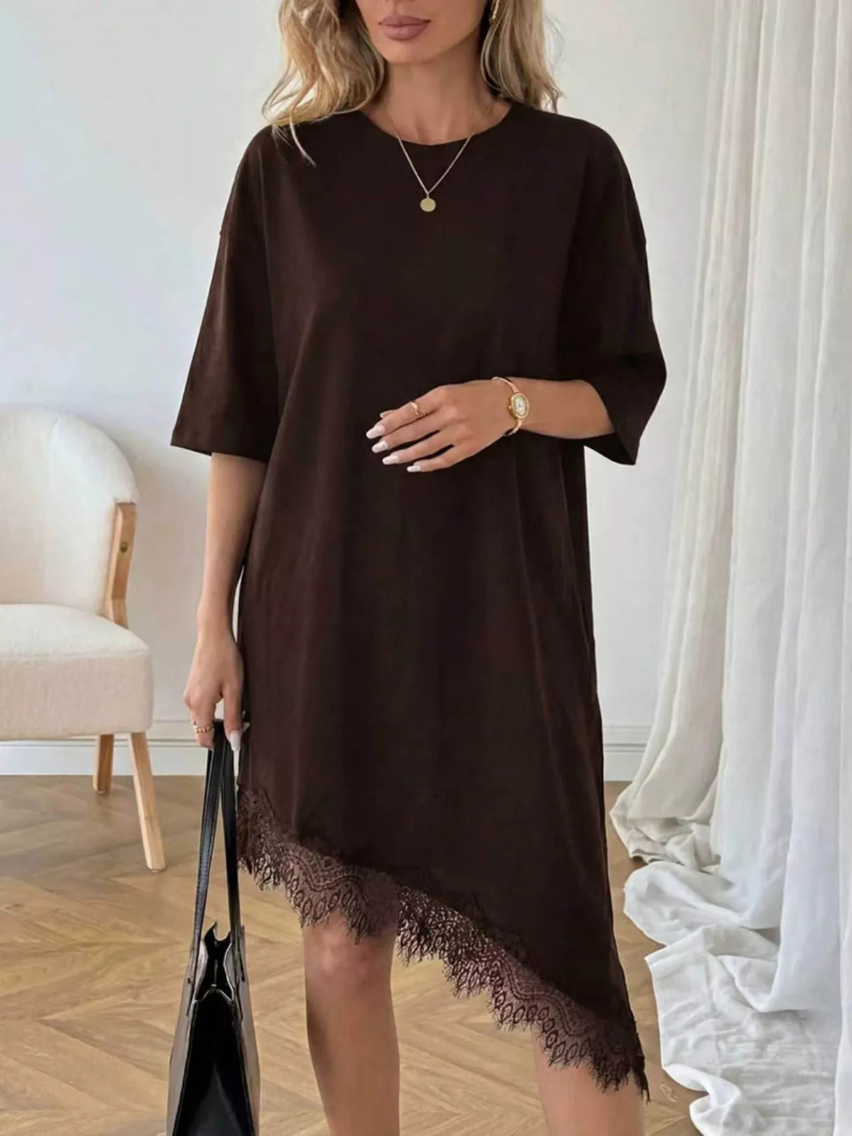 Asymmetrical Hem T-Shirt Dress with Lace Trim