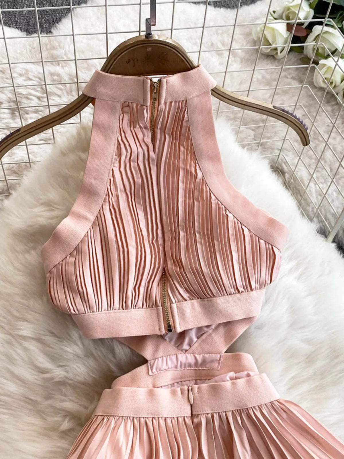 Halter Neck Pleated Maxi Dress in Watermelon Pink