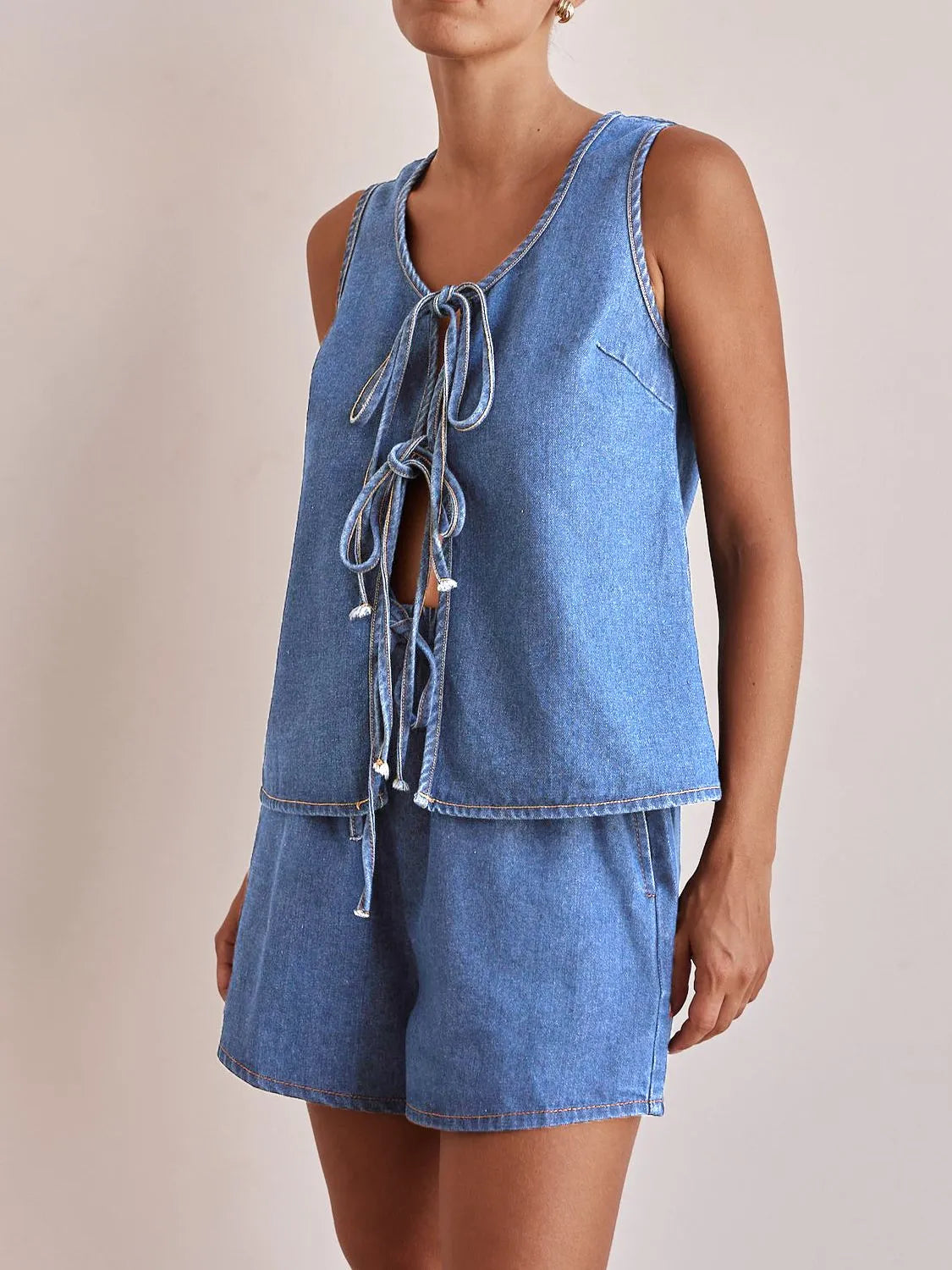 Tie-Front Vest and Shorts Denim Set