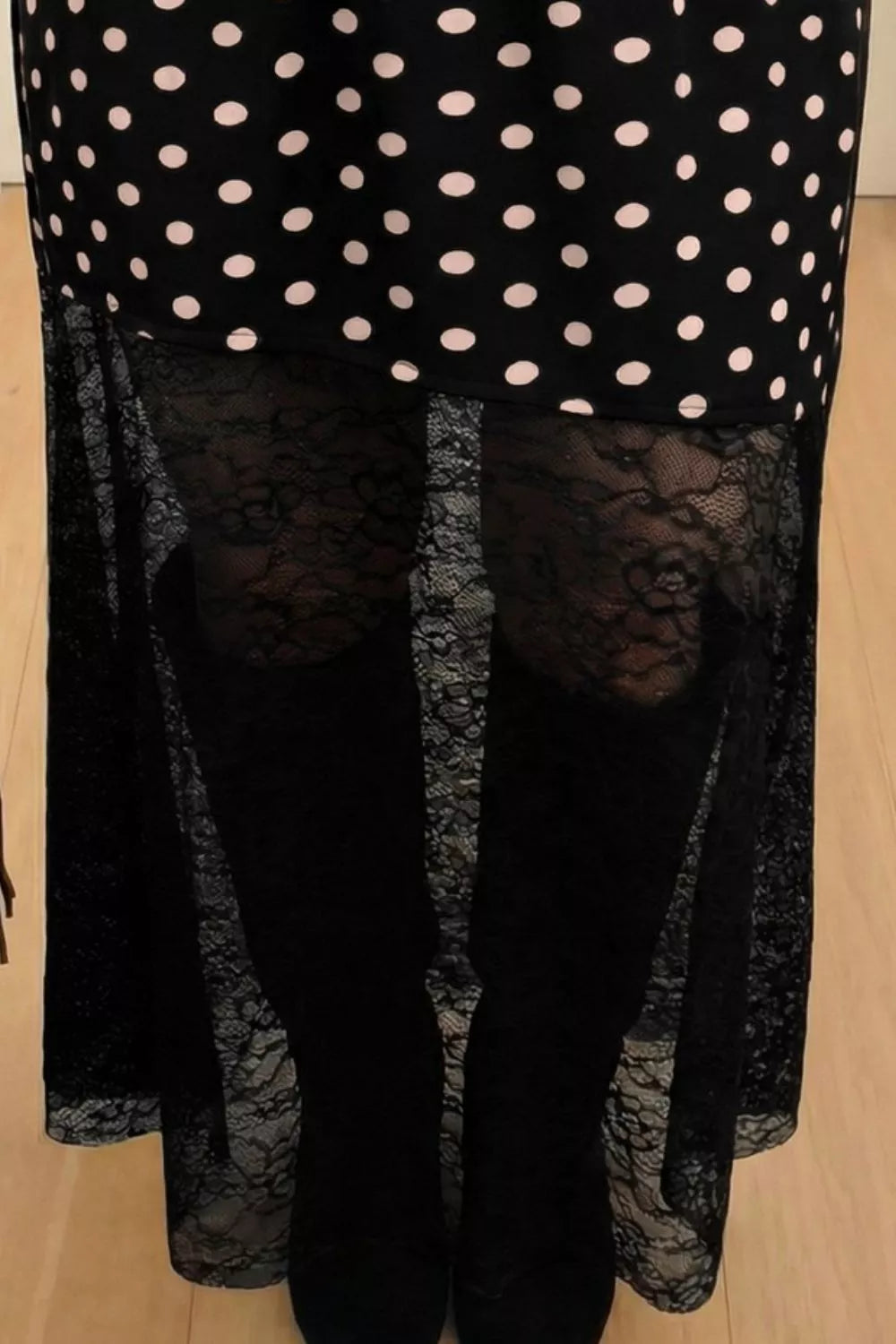Polka Dot Patchwork Lace Maxi Skirt in Black