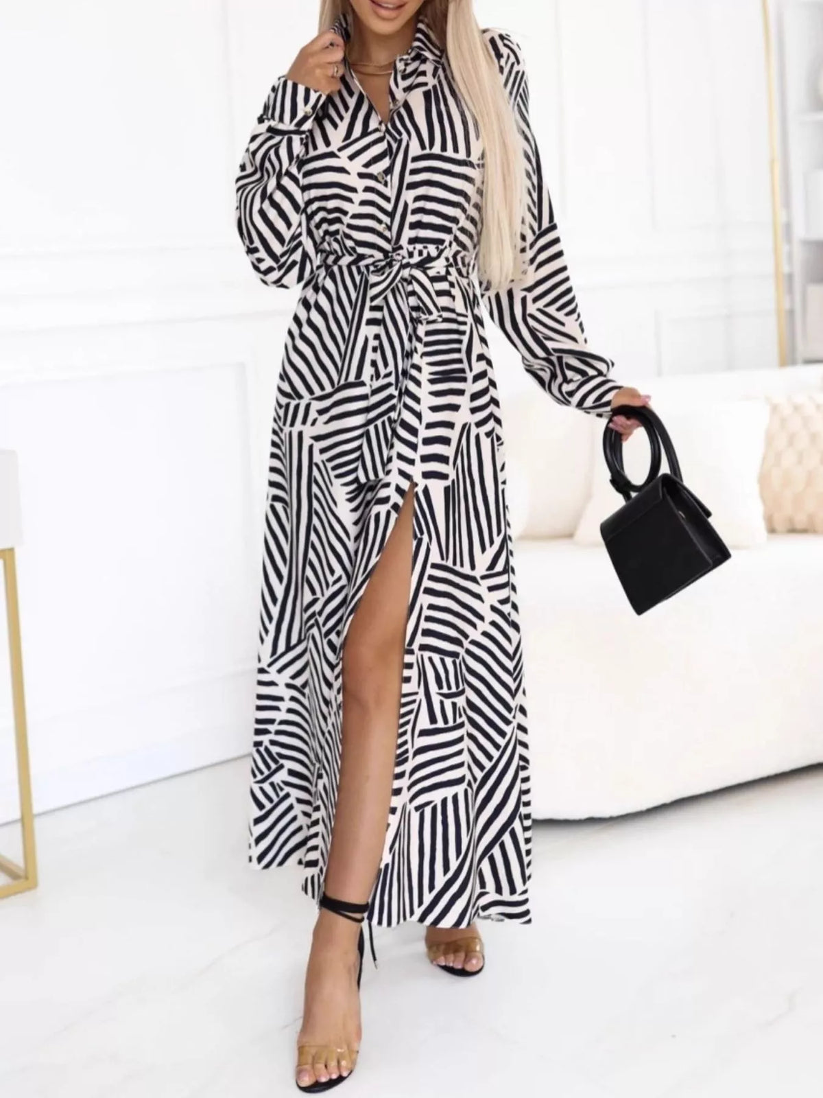 Belted Geometric Print Maxi Shirt Dress in Zebra