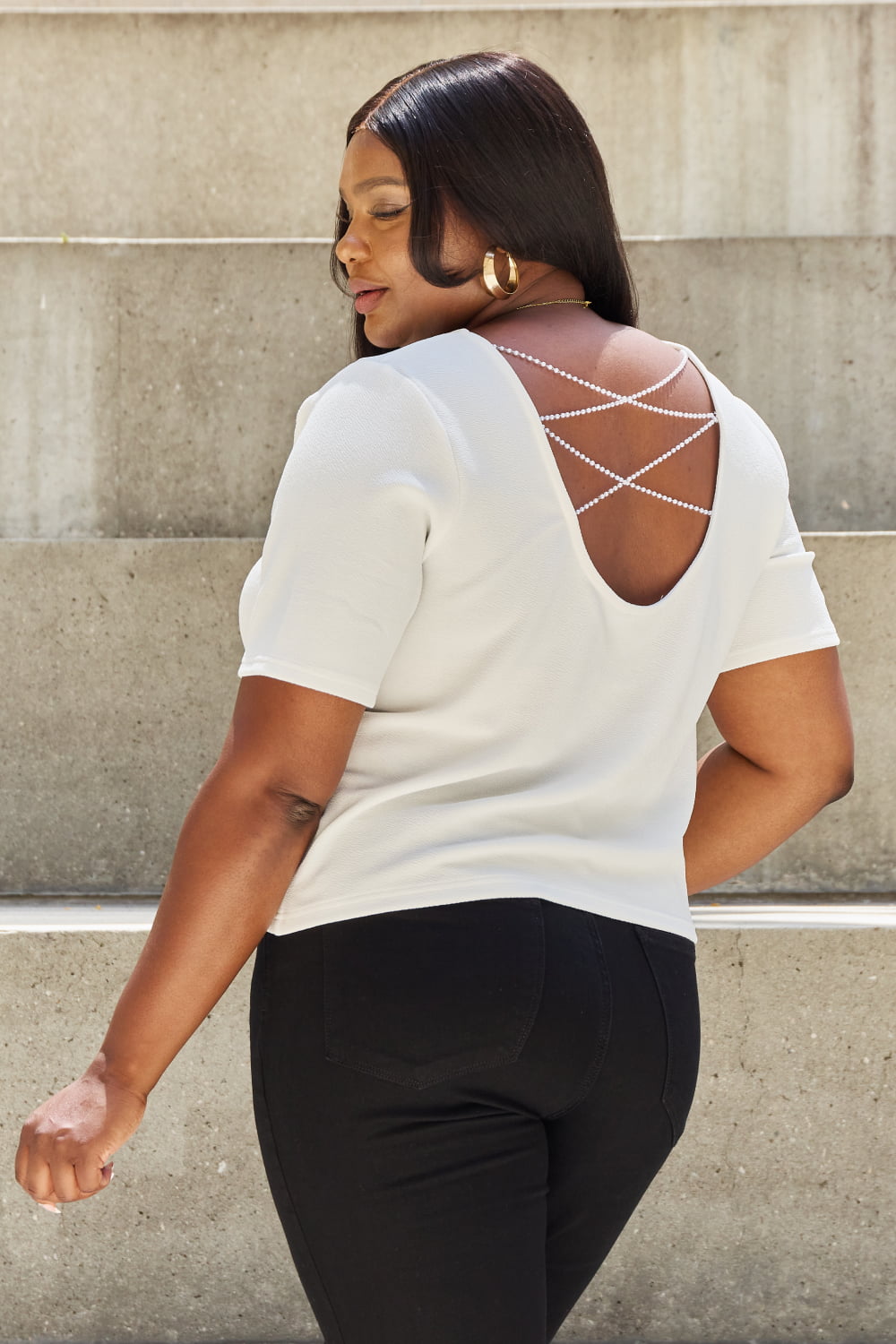 And The Why Criss Cross Pearl Open Back Top in Off White