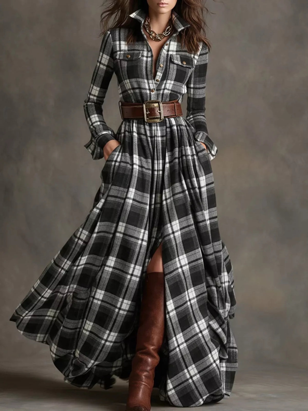 Plaid Long Sleeve Shirt Maxi Dress by Yvette