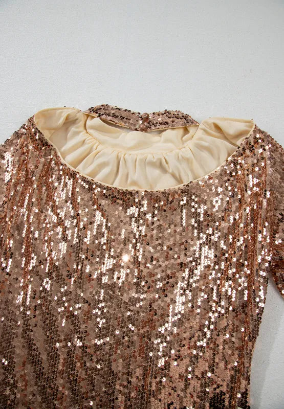 Backless Sequin Mock Neck Dress in Gold