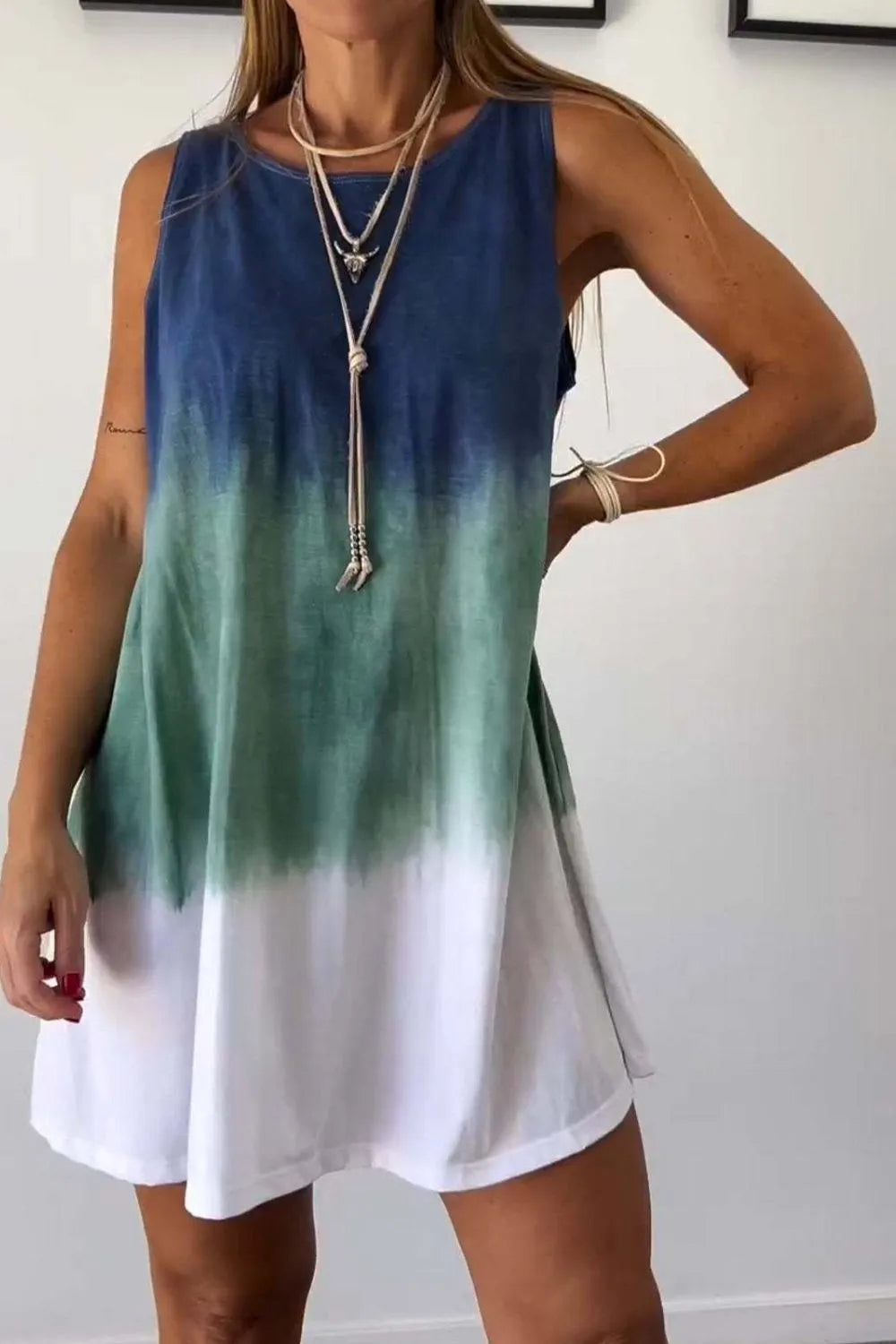 Tie-Dye Sleeveless Mini Tank Dress in Camel