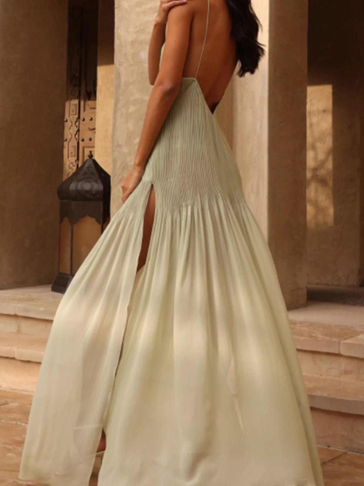 Pleated Maxi Cami Dress in Green