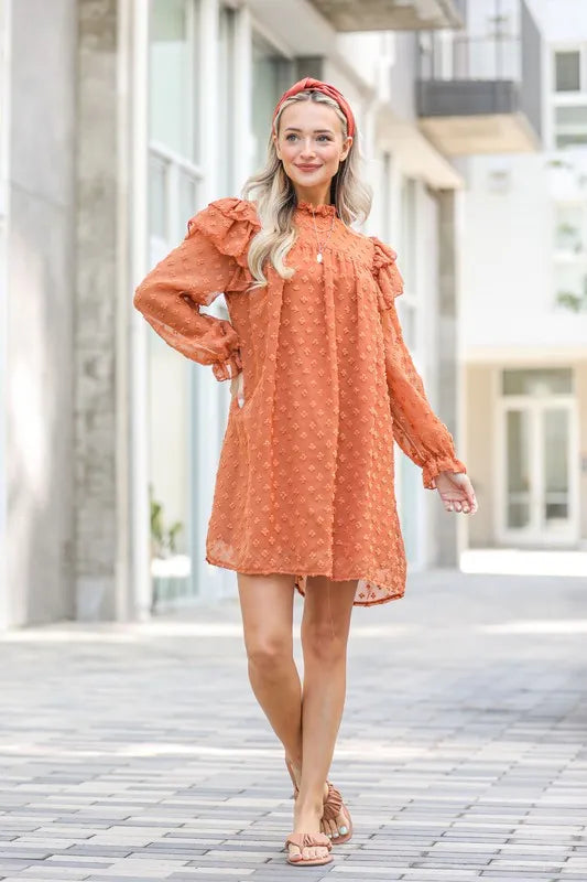 And The Why Ruffle Shoulder Swiss Dot Dress in Camel