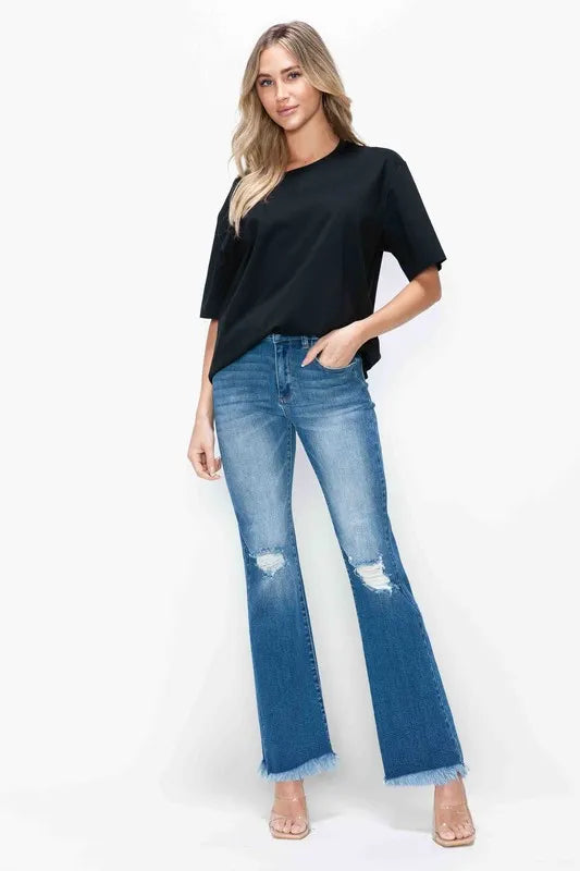 Raw Hem Distressed High Rise Bootcut Jeans in Medium Wash