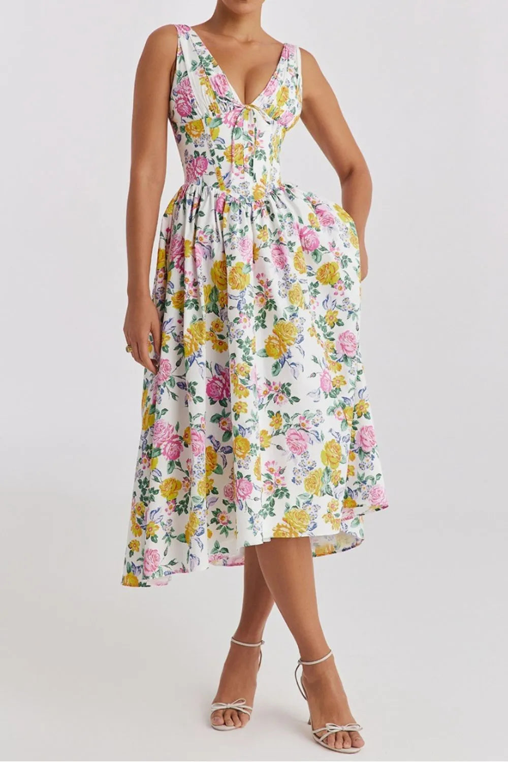 Floral V-Neck Sleeveless Midi Dress with Pockets