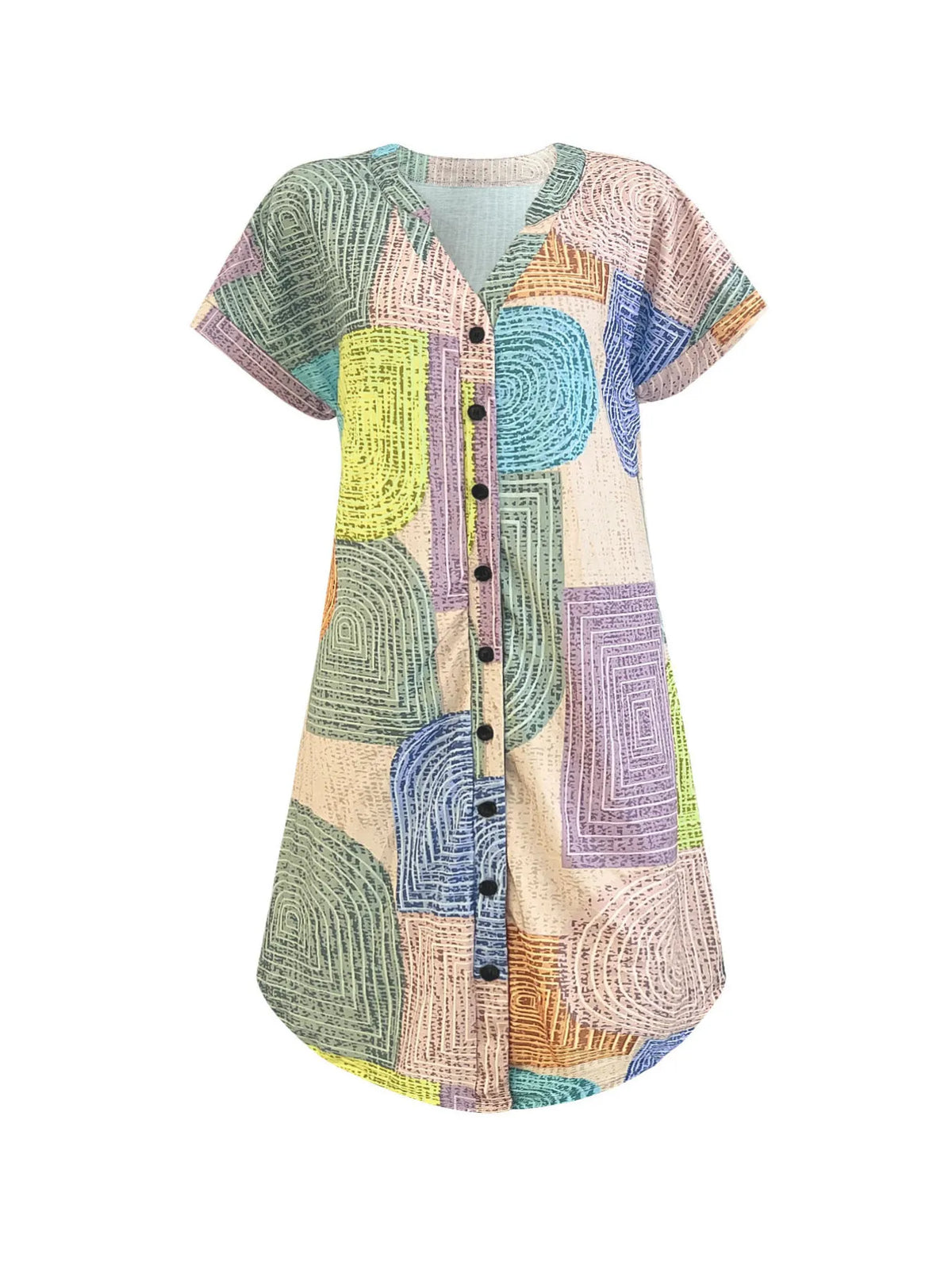 Geometric V-Neck Button-Front Dress