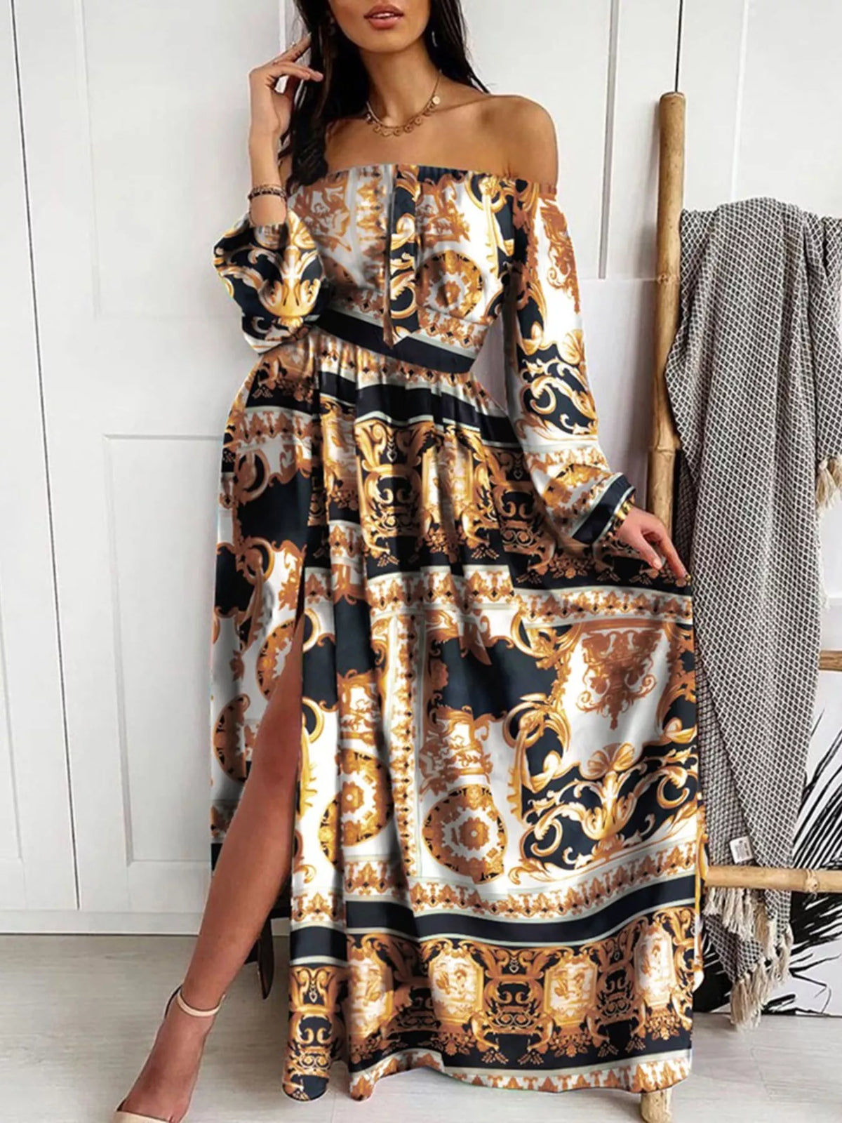 Printed Off-Shoulder Maxi Dress with Slit